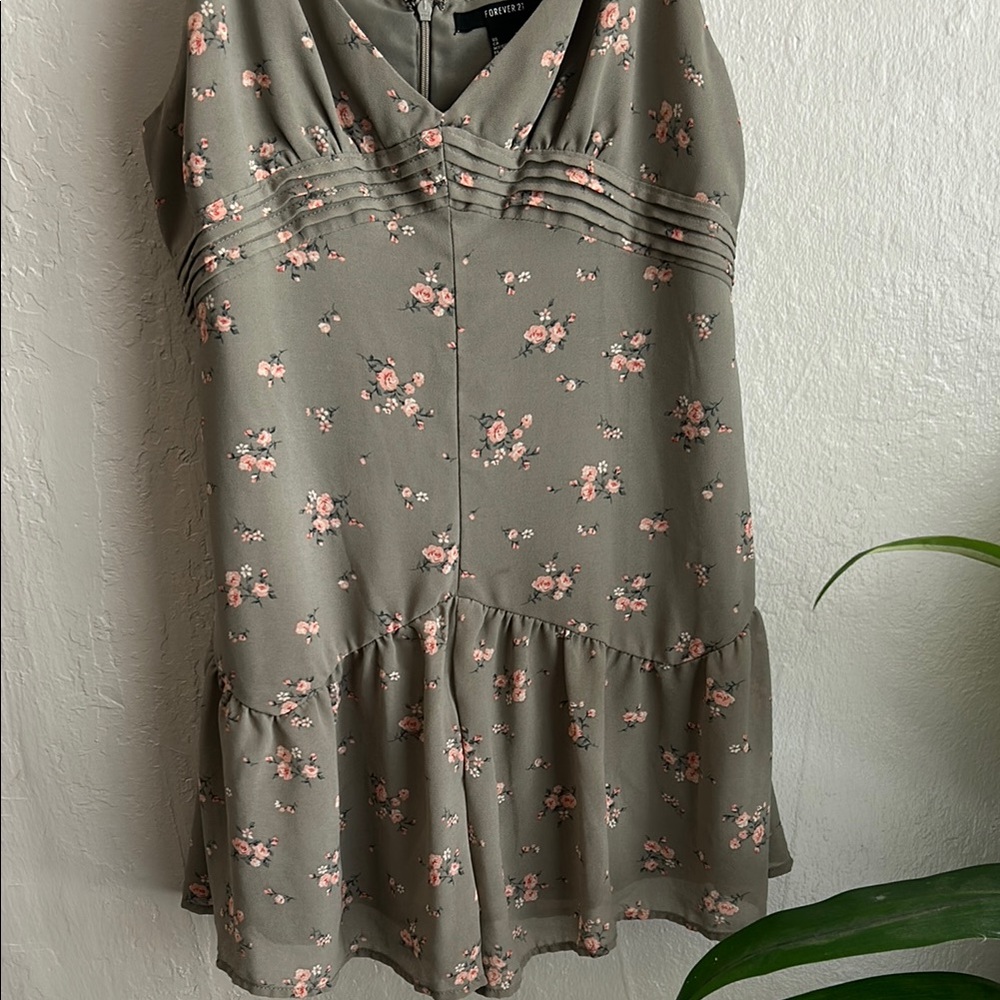 olive green and pink floral romper with ruffle hem - Picture 2 of 11
